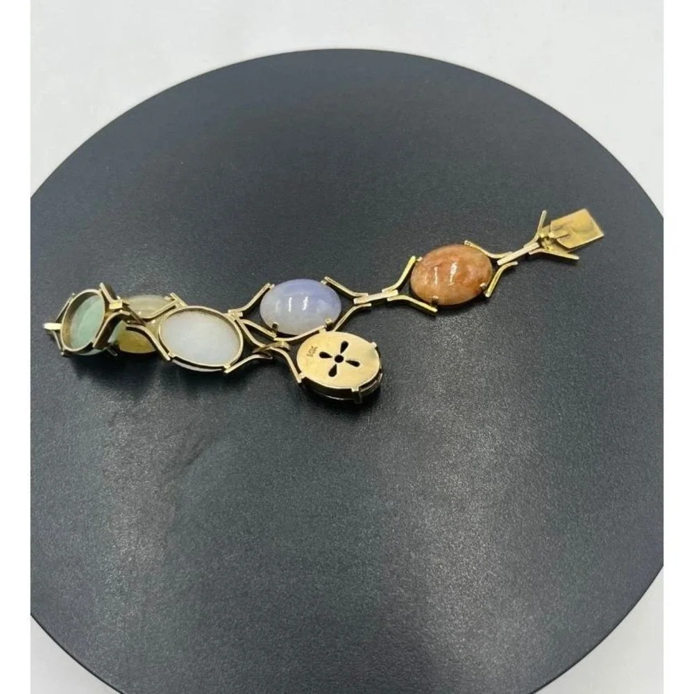 14K Gold Clasp Jade‎ Multi Color Jadeite Stone Cabochon Vintage 10-12k Bracelet